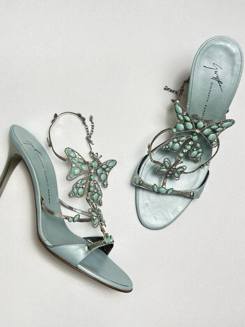 RARE Giuseppe Zanotti Mint Jeweled Butterfly Heeled Sandals Size 38.5